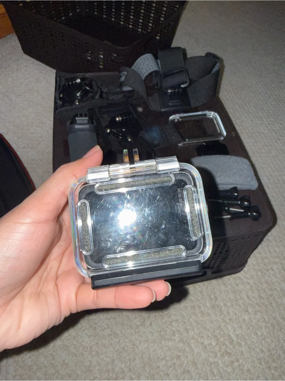 GoPro Accessory Set with Black Mounts and Orange-Tipped Floating Handle